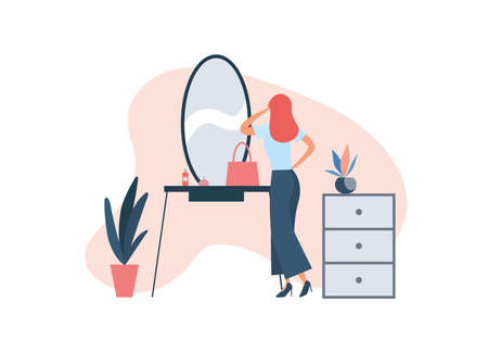 Woman applying makeup at home. Elegant lady standing near console mirror with cosmetic and bag and applying makeup while getting ready for work during beauty routine at homeのイラスト素材