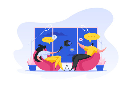 Interview shooting for video blog. Flat cartoon people vector illustration