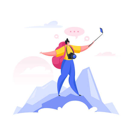 Traveler shooting video on mountain top. Flat cartoon people vector illustrationのイラスト素材