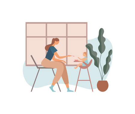 Mother feeding baby in kitchen. Woman in casual clothes giving food to baby sitting on feeding chair near potted plant and window during lunch in cozy kitchen at homeのイラスト素材