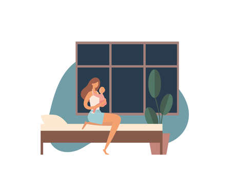 Mother with baby going to bed. Barefoot woman in pajama hugging baby and sitting on comfortable bed near potted plant and window before going to sleep at night at homeのイラスト素材