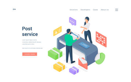 Man and woman in post office. Isometric man giving parcel to female worker over table while advertising post service on website bannerのイラスト素材