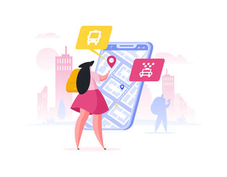 Female tourist with backpack using navigation application on modern smartphone to plan route to destination point while standing on city street. Flat cartoon people vector illustrationのイラスト素材