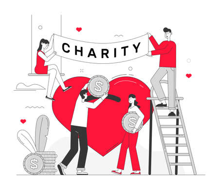 Vector illustration of cartoon young people hanging banner with Charity writing and inserting coins into huge red heart during fundraising campaignのイラスト素材