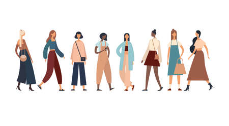 Vector illustration of group of young contemporary multiethnic ladies wearing various fashionable clothes and accessories and standing in line togetherのイラスト素材