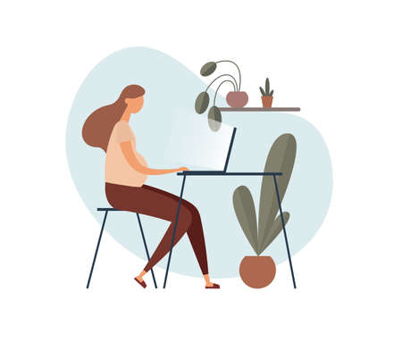Pregnant woman in casual clothes sitting at table and using laptop while working on remote project in cozy home office decorated with potted plantsのイラスト素材