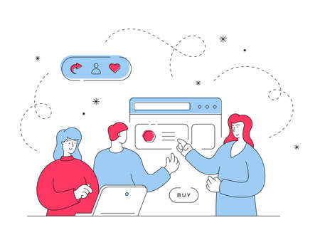 Red and blue modern man and woman browsing website on laptop and choosing goods with help of female assistant while using services of online shopのイラスト素材