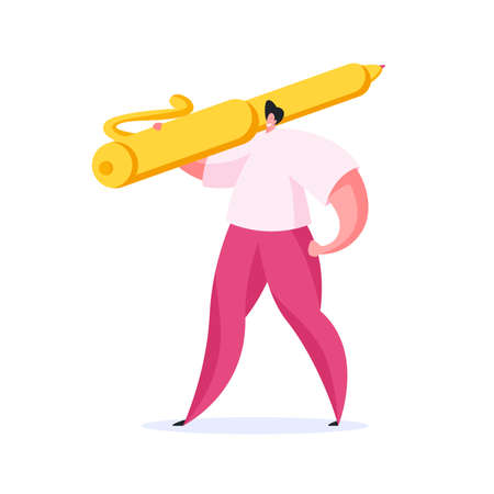 Confident modern writer in casual pink clothes and with hand on waist smiling and carrying large yellow pen on shoulder during work on new bookのイラスト素材