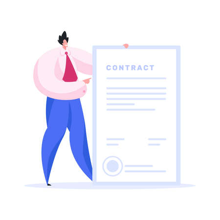 Optimistic contemporary male entrepreneur in formal wear smiling and pointing at large signed contract after successful business meeting in officeのイラスト素材