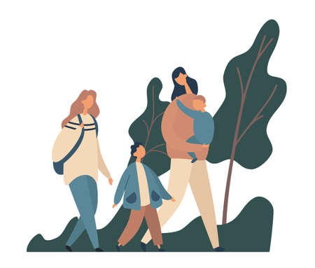 Modern family walking in park. Flat vector illustrationのイラスト素材