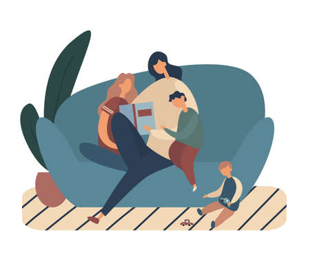 Modern woman sitting on comfortable sofa and reading interesting book to little boy and teen girl while baby playing with cars on floor at homeのイラスト素材