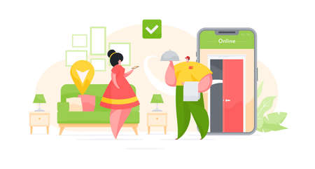 Vector illustration of delivery man with restaurant food waiting for female client to check dish and pay for order while using online app on smartphoneのイラスト素材