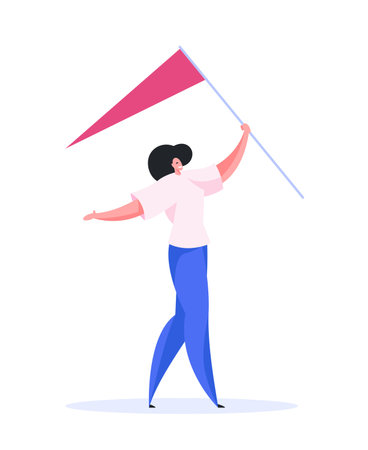 Happy contemporary female in casual clothes and with outstretched arms smiling and carrying pole with flag while walking to finish destinationのイラスト素材