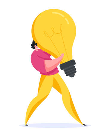 Optimistic contemporary male in casual colorful clothes smiling and carrying large light bulb while walking to presentation of innovative ideaのイラスト素材