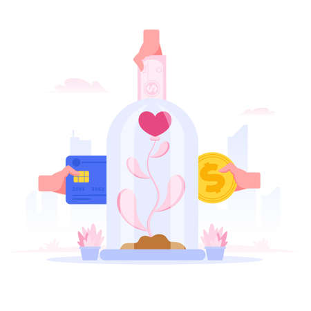 Modern people inserting cash and electronic money into container with sprout for environmental project of planting flora during crowdfunding campaign. Flat cartoon character vector illustrationのイラスト素材