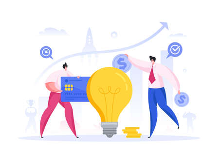 Contemporary males transferring coins and electronic money into large light bulb while supporting creative idea during crowdfunding campaign in city. Flat cartoon character vector illustrationのイラスト素材