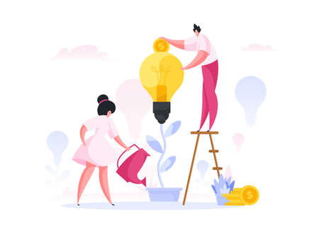 Contemporary male and female investors watering growing idea and inserting coins into light bulb while supporting project during crowdfunding campaign. Flat cartoon character vector illustrationのイラスト素材