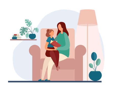 Vector illustration of mother and daughter sitting in armchair and reading book together while performing family education in living room at home. Home schooling, home education conceptのイラスト素材