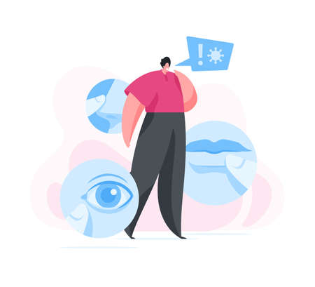 Male showing how virus can be transmitted when touching vulnerable parts of face on white background. Flat vector illustration. Coronavirus 2019-nCoV preventionのイラスト素材