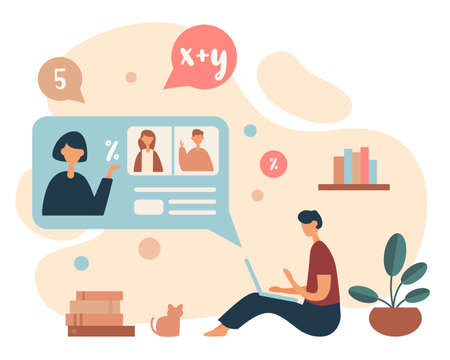 Flat style of teenage school kid using laptop and studying mathematics with teacher while schooling remotely from home on white backgroundのイラスト素材