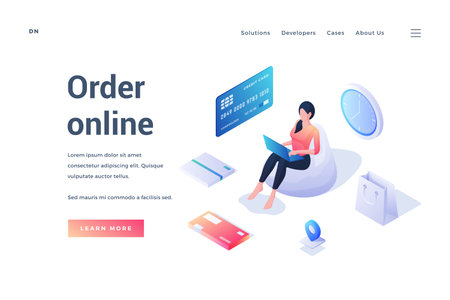 Vector illustration of modern female using laptop to order goods and paying for purchases online near description. Isometric web banner, landing page templateのイラスト素材