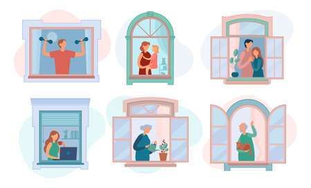 Set of vector illustrations of different people of various ages doing various activities near open windows while spending time at home. Social isolation during the coronavirus pandemicのイラスト素材