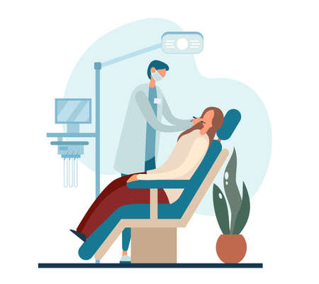 Vector illustration of male cartoon character dentist in uniform and medical mask examining teeth of female client during appointment in office of modern clinicのイラスト素材