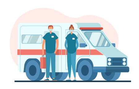 Male and female doctors in uniform and medical masks standing near ambulance van while being summoned to emergency. Flat vector illustrationのイラスト素材