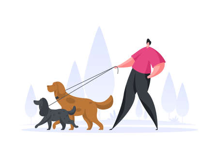 Happy man walking with dogs in parkのイラスト素材