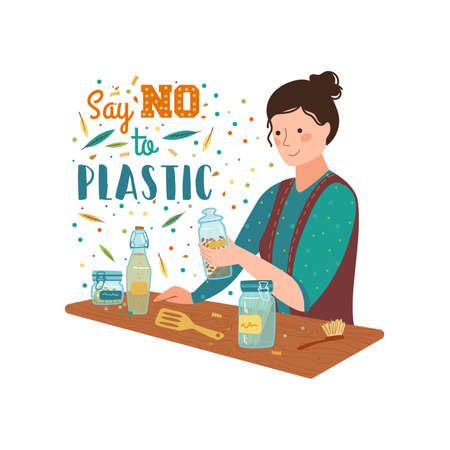 Flat cartoon vector illustration of contemporary housewife using eco friendly containers and utensils on table in kitchen near Say no to plastic inscriptionのイラスト素材