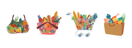 Shopping bags and cart with products while shoppingのイラスト素材