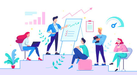 Creative team during meeting in workplace. Flat vector illustrationのイラスト素材