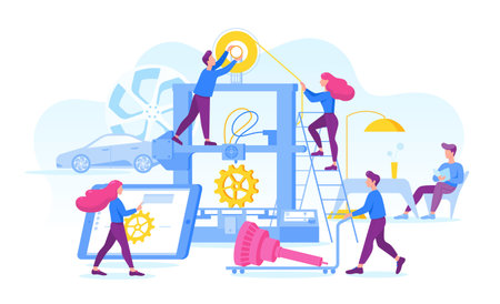 Vector illustration of contemporary men and women browsing scheme on tablet and using 3D printer...