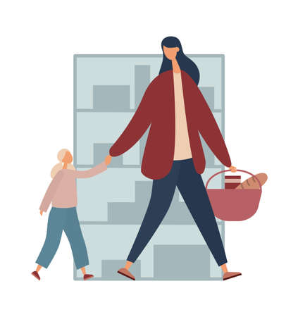 Adult woman in casual clothes carrying basket with food and holding hand of little girl while walking near shelf in contemporary grocery shopのイラスト素材