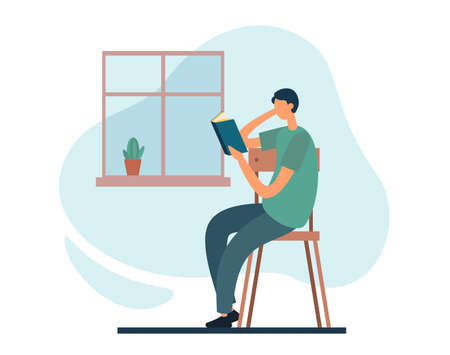 Male student in casual clothes sitting on comfortable chair near window and reading interesting book while preparing for exam in cozy room at homeのイラスト素材