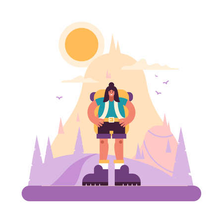 Confident female hiker standing in hilly terrainのイラスト素材