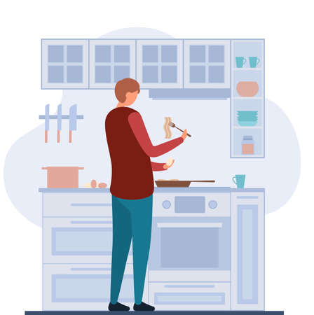 Man preparing breakfast in kitchen at homeのイラスト素材