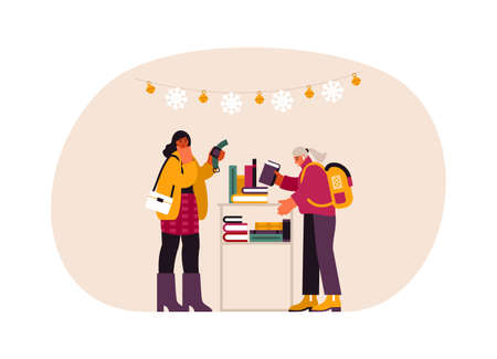 Women choosing various Christmas gifts in shopのイラスト素材