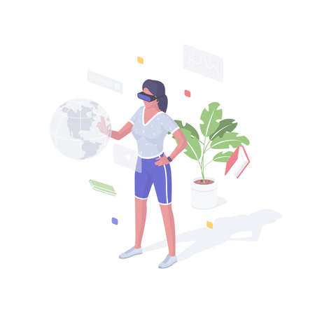 Analyst monitors web statistics with VR glasses isometric. Female character scans the virtual hologram of the planet.のイラスト素材