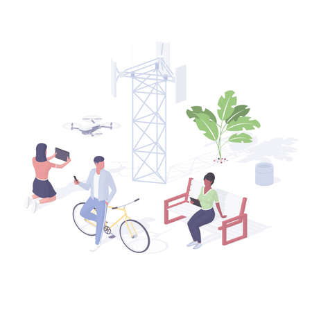 People enjoy 5g isometric illustration. Female characters with tablets testing new innovative network.のイラスト素材
