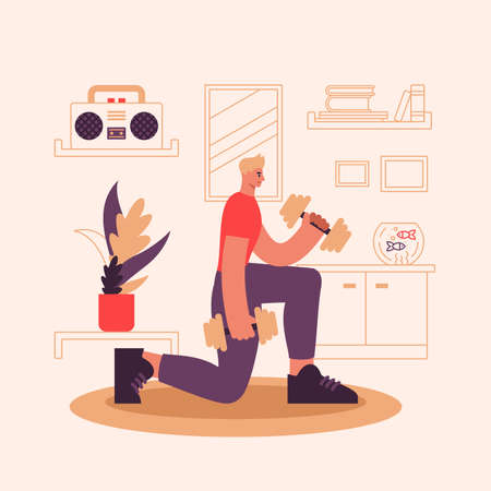 Sportsman exercising with dumbbells during training at homeのイラスト素材