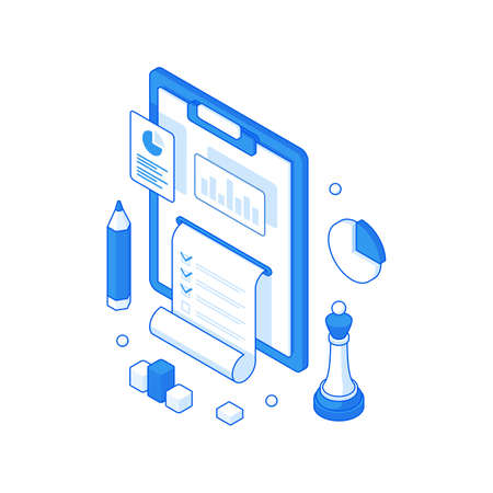 Infographic report and collection online statistics isometric concept. Presentation of technology diagrams and research information.のイラスト素材