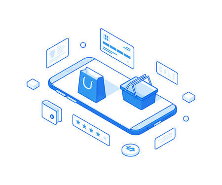 Online shopping and discount sales isometric illustration. Commercial ecommerce advertising discount on web retail goods.のイラスト素材