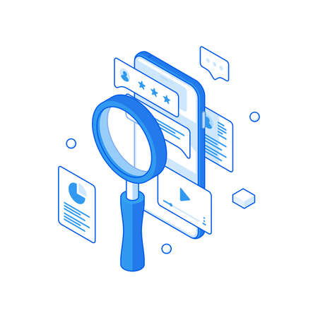 Social web profile ranking analysis isometric illustration. User account marketing research and data retrieval.のイラスト素材
