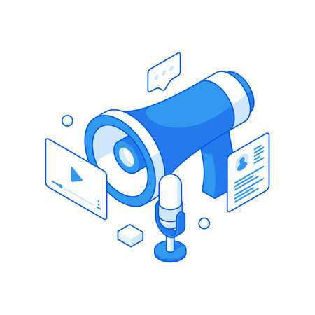 Media advertising and online podcasts isometric illustration. Social announcement new video apps and music recording.のイラスト素材