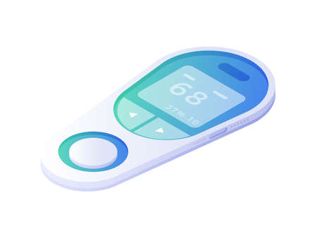 Electronic pacemaker isometric vector. Modern white device with blue screen for emergency cardiac muscle stimulation.のイラスト素材