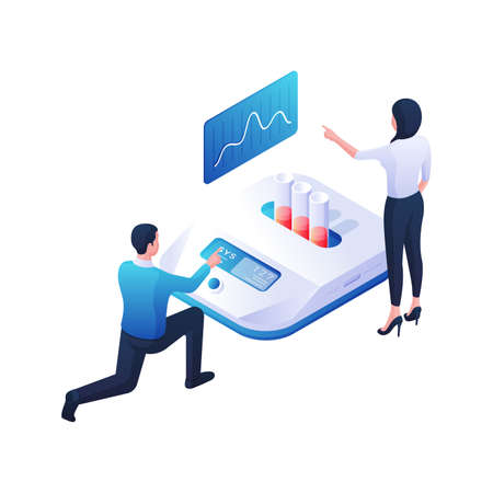 Scientists analyze and develop vaccine isometric vector illustration. Male and female characters test serum on electronic thermostat.のイラスト素材