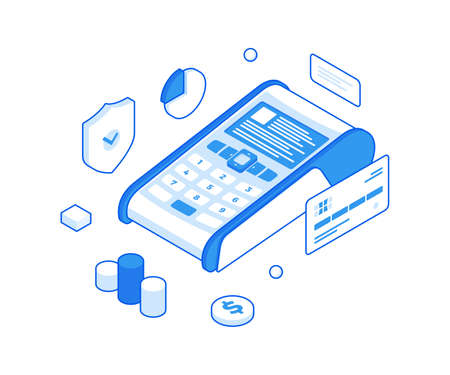 Payment in terminal and protection of financial data isometric illustration. Secure withdrawals from credit cards and commercial cash.のイラスト素材