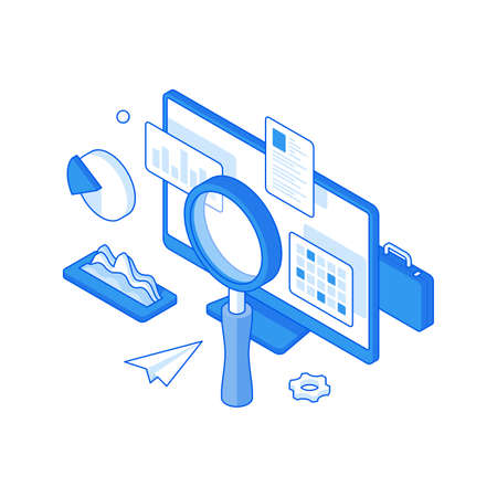 Infographic analytics and statistics optimization isometric illustration. Research website charts and fluctuations of online charts.のイラスト素材