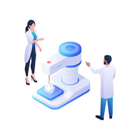 Pharmacists developing new drug isometric illustration. Female and male characters in white coats stand near blue biochemical device.のイラスト素材